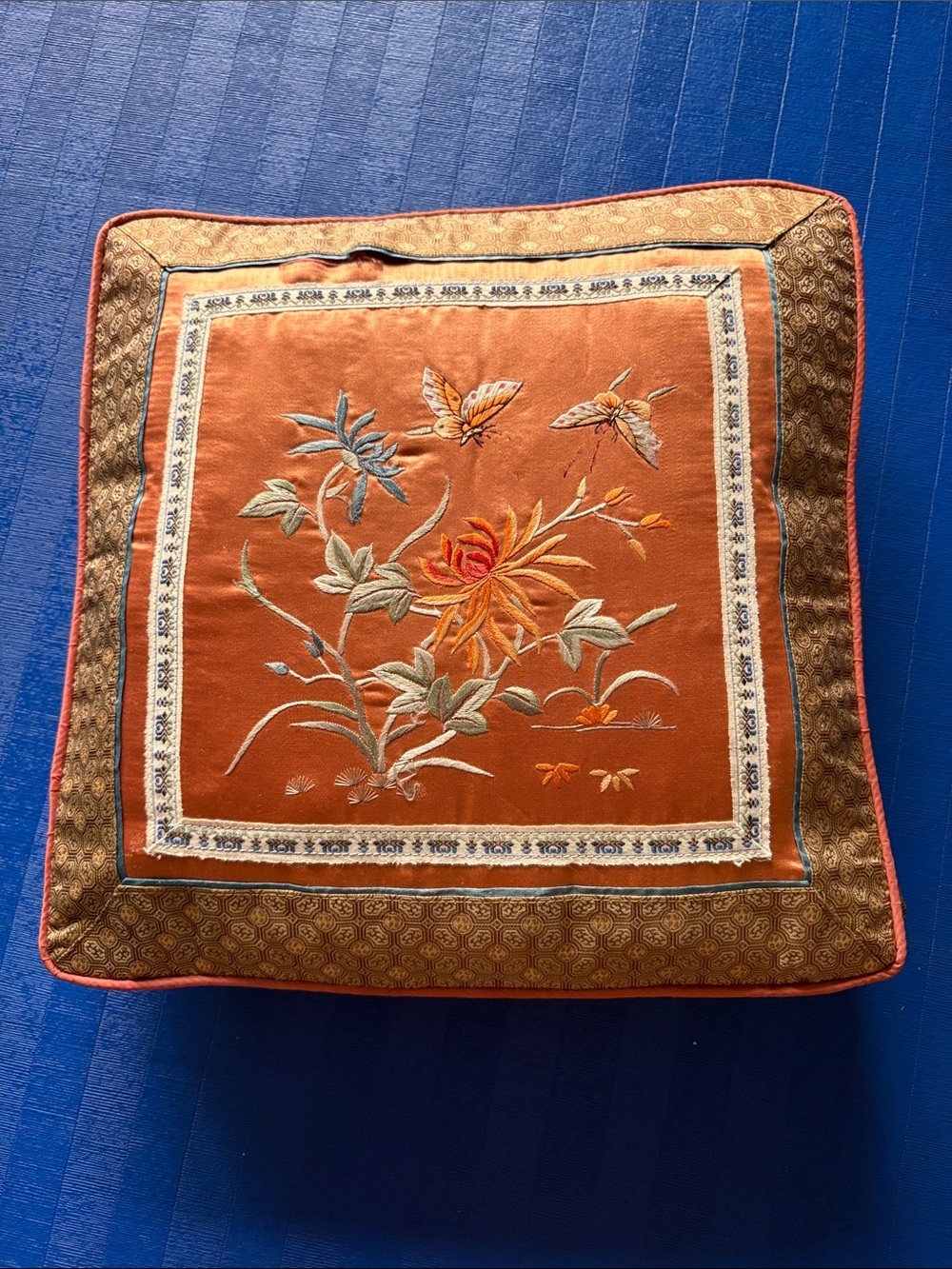 Vintage Chinese Silk Embroidered Orange Floral Decorative Pillow 12 x 12